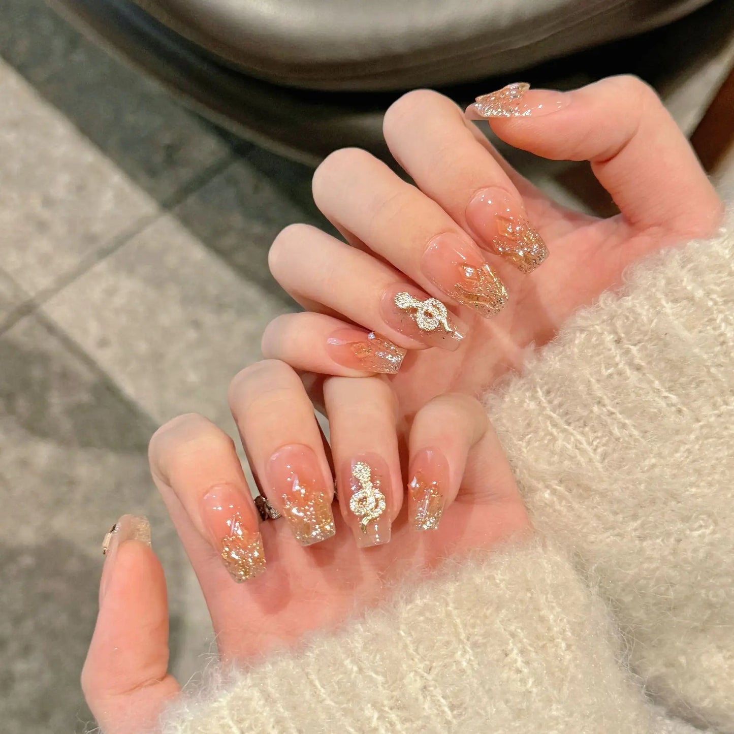 Snake Year Rhinestone Press On Nails – Crystal Gradient Fake Nails
