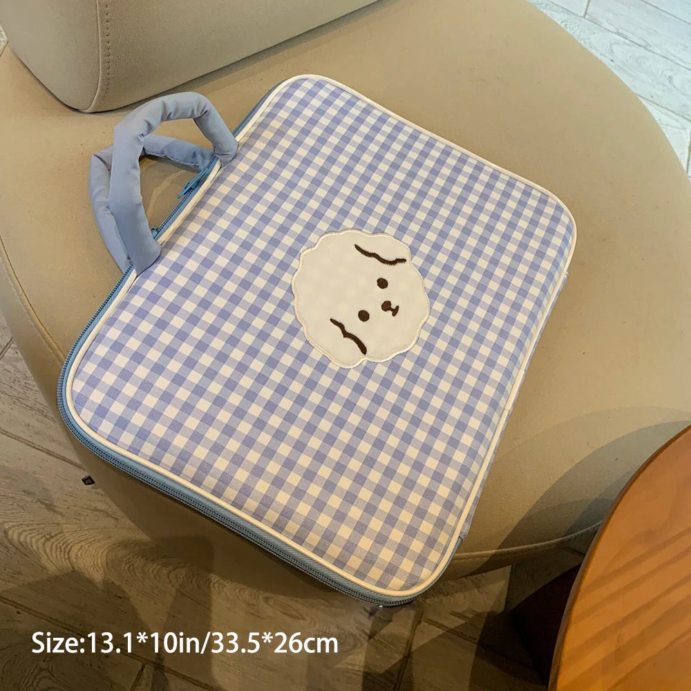 Little Bear Blue Checkerboard 13 Computer Bag Korean Cute Cartoon