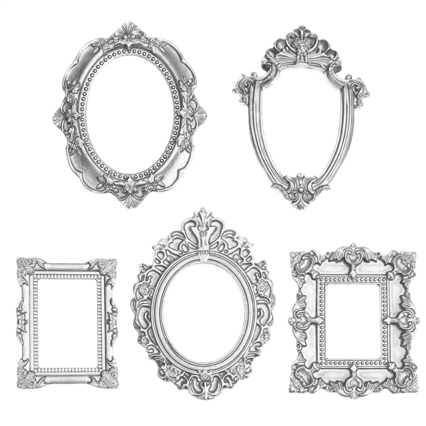 5-Piece Baroque Miniature Photo Frames | Retro Silver Resin Set