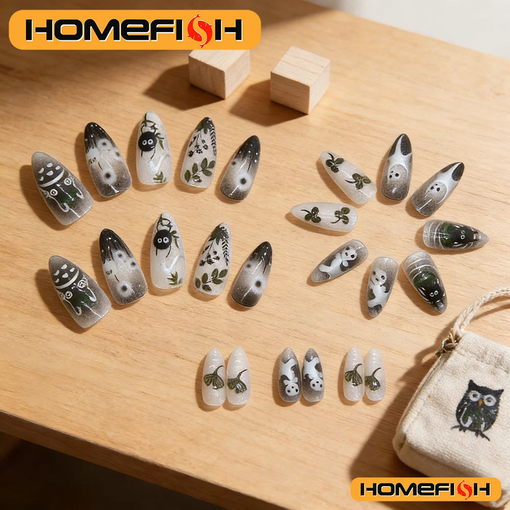 24pcs Gradient Black Cat's Eye Press On Nails | Almond Glossy