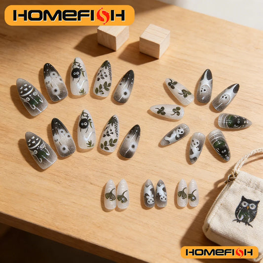 24pcs Gradient Black False Nails Cute Cartoon Cat's Eye Forest Elf Girl Press On Nails Glossy Almond Sweet Cool Fake Nail Tips Peaceful Pleasures Health and Wellness