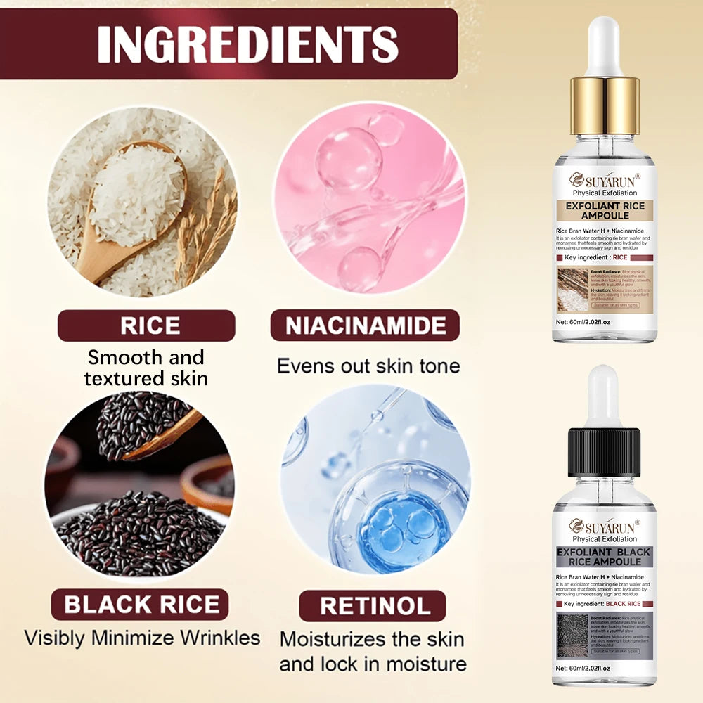 SUYARUN Rice & Black Rice Scrub & Serum Duo - Natural Exfoliating Kit for Face/Body | Pore Cleansing + Brightening Skincare Set. Peaceful Pleasures Health and Wellness