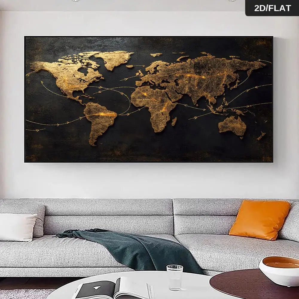 A modern abstract gold world map mural with connecting arrows, featuring a black and gold metallic finish, suitable for living r Peaceful Pleasures Health and Wellness