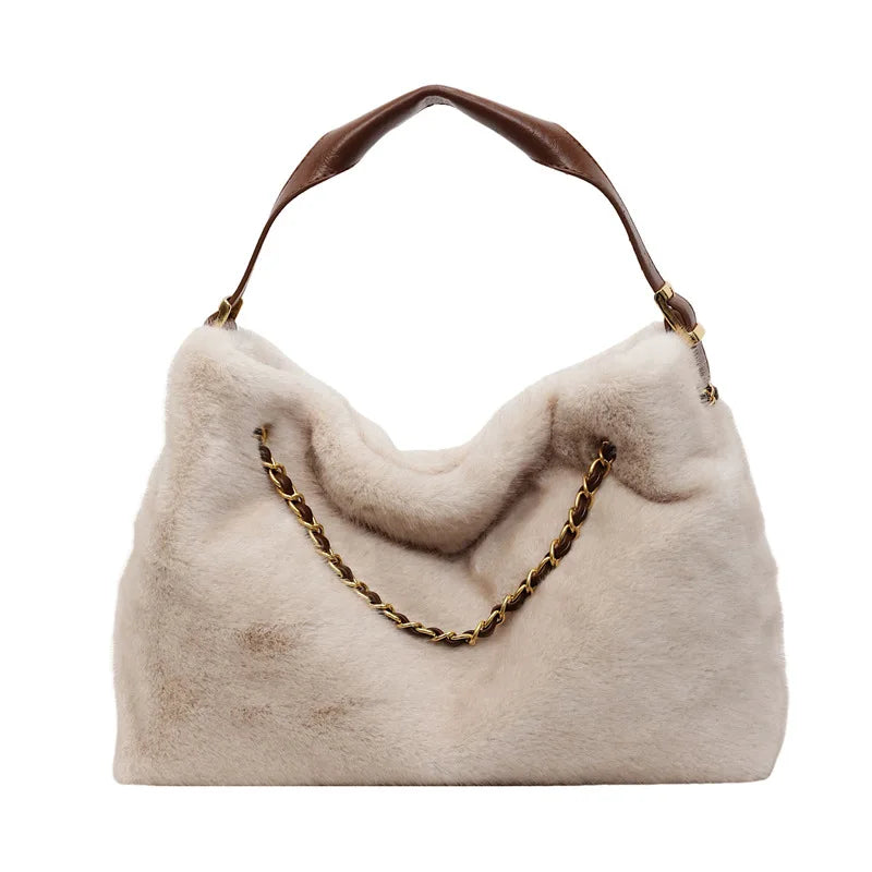 Practical Retro Plush Bag for Women Large Capacity Tote Shoulder Handbag Autumn Winter Fashionable Versatile for Daily Commuting Peaceful Pleasures Health and Wellness light khaki