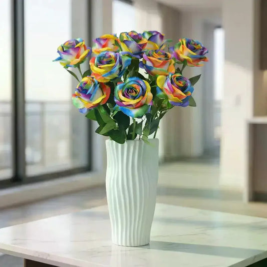 Rainbow Artificial Roses – Realistic Fake Flower Stems, 3pc Set Artificial Flower Stems Peaceful Pleasures Health and Wellness