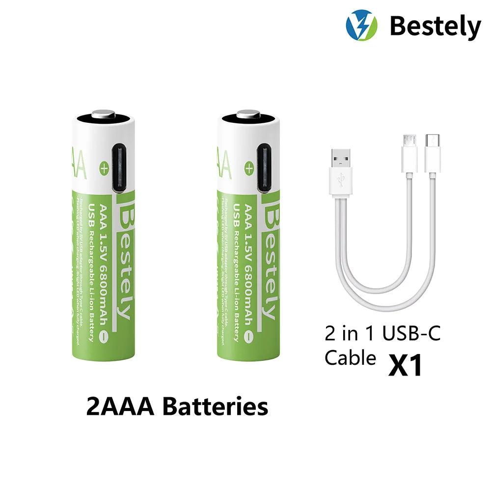 AAA Battery Rechargeable 2000+ Cycles 1.5V 6800mAh Li-ion Type-C Charging Triple Safety Long-Lasting Power Batteries Peaceful Pleasures Health and Wellness 2 pcs AAA Batteries