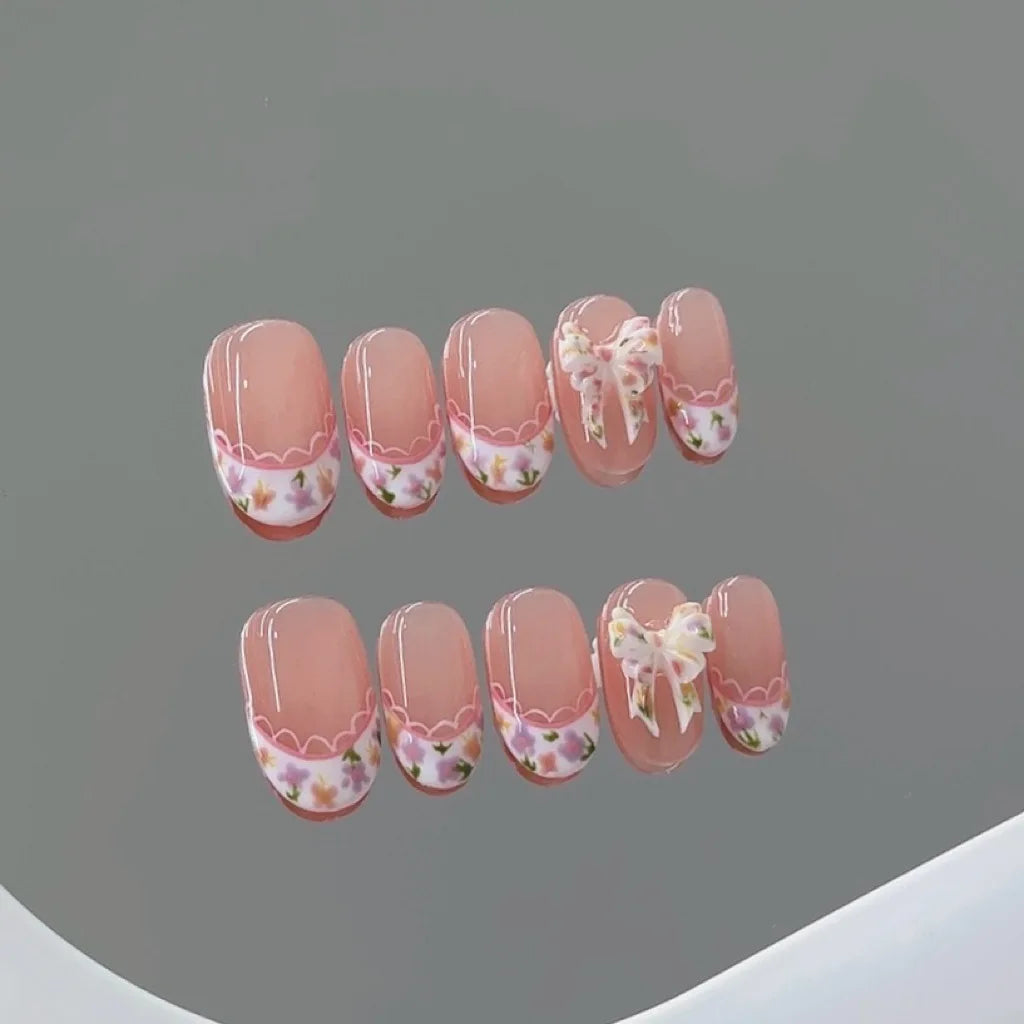 Handmade Pink French Floral Press On Nails | Short Round 10pcs Press On Nails Peaceful Pleasures Health and Wellness