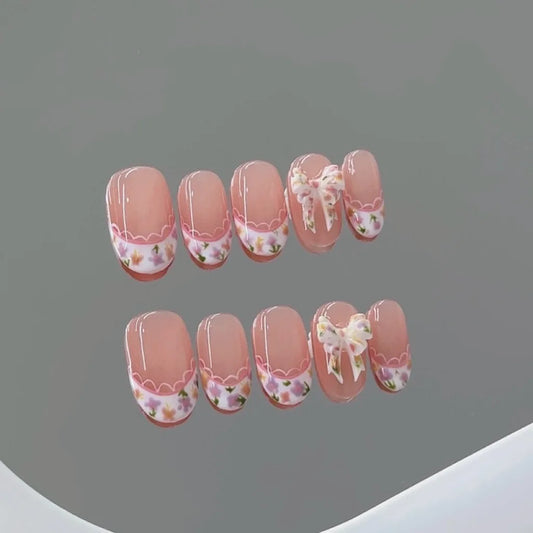 Handmade Pink French Floral Press On Nails | Short Round 10pcs Press On Nails Peaceful Pleasures Health and Wellness