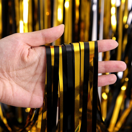 Black Gold Tinsel Fringe Curtain Party Backdrop | 1m×2m Party Backdrop Curtain Peaceful Pleasures Health and Wellness