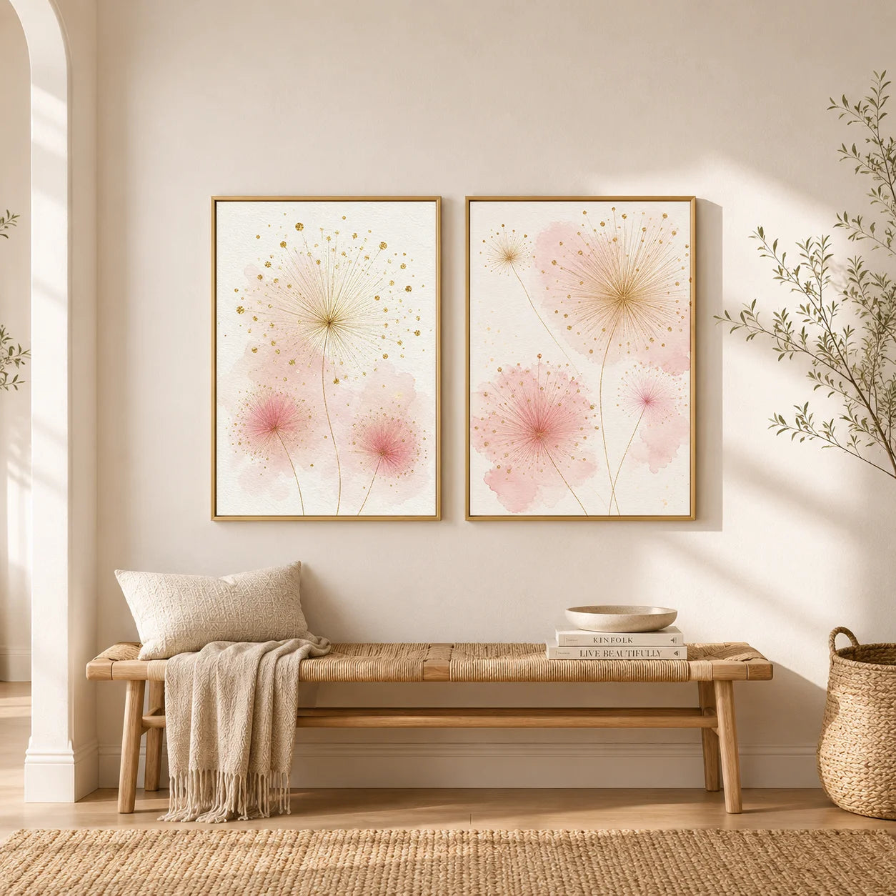 Nordic Dandelion Wall Art Pink Gold Floral Canvas Painting Botanical Poster Print Living Room Wall Decor Peaceful Pleasures Health and Wellness