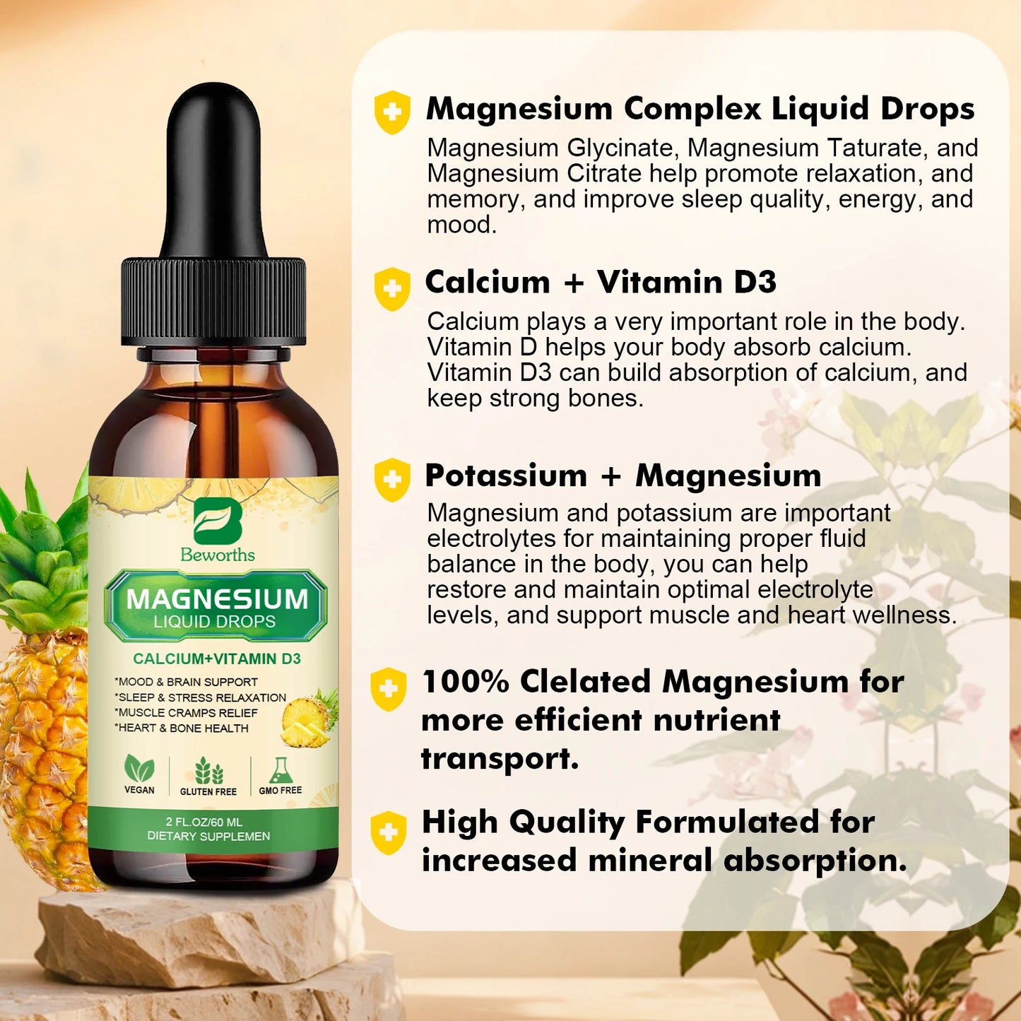 Magnesium Glycinate Liquid Drops – Pineapple Flavor 60ml Peaceful Pleasures Health and Wellness