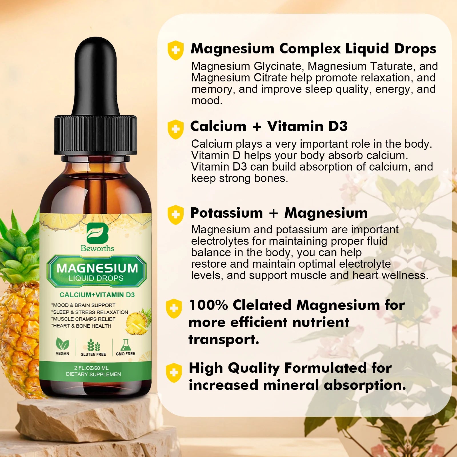 Magnesium Glycinate Liquid Drops – Pineapple Flavor 60ml Peaceful Pleasures Health and Wellness