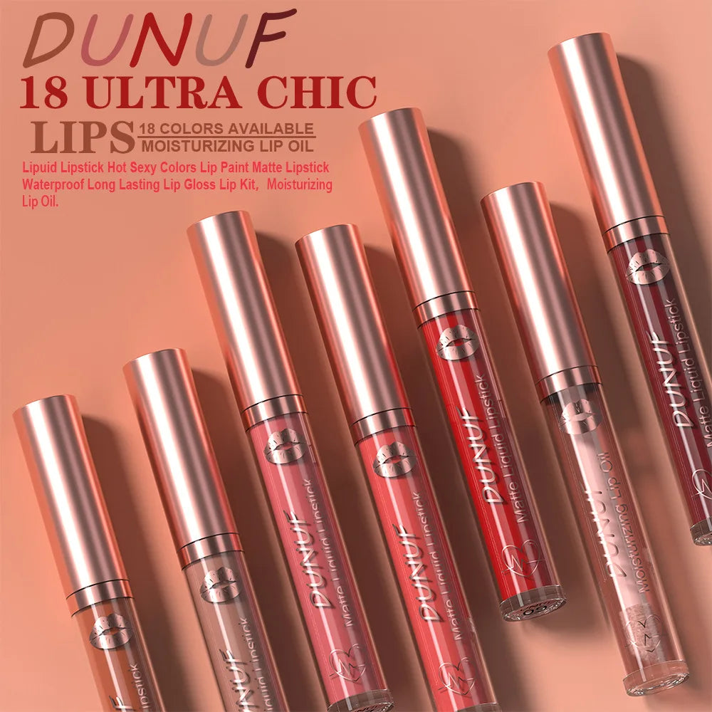 DUNUF 18-Color Matte Velvet Lipstick & Moisturizing Lip Gloss