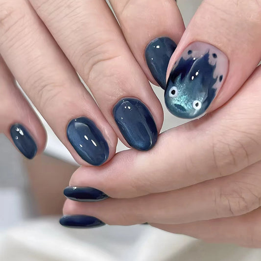 24PCS Blue Cat Eye False Nails Short Round Cute Press on Nails Wearable Full Cover Ins Flowers Pattern Fake Nail Tips for Girls Peaceful Pleasures Health and Wellness