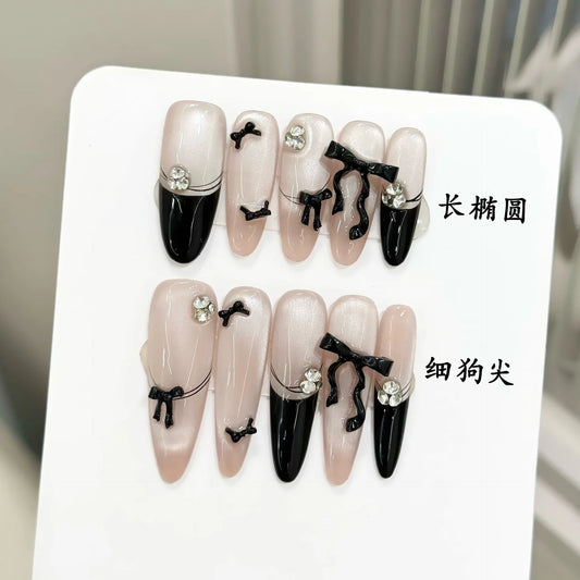 10pcs Handmade Almond French Press on Nails 3D Bow Decor Cat's Eye Fake Nail Tips Wearable Fashion Shiny Gentle False Nails Long Peaceful Pleasures Health and Wellness