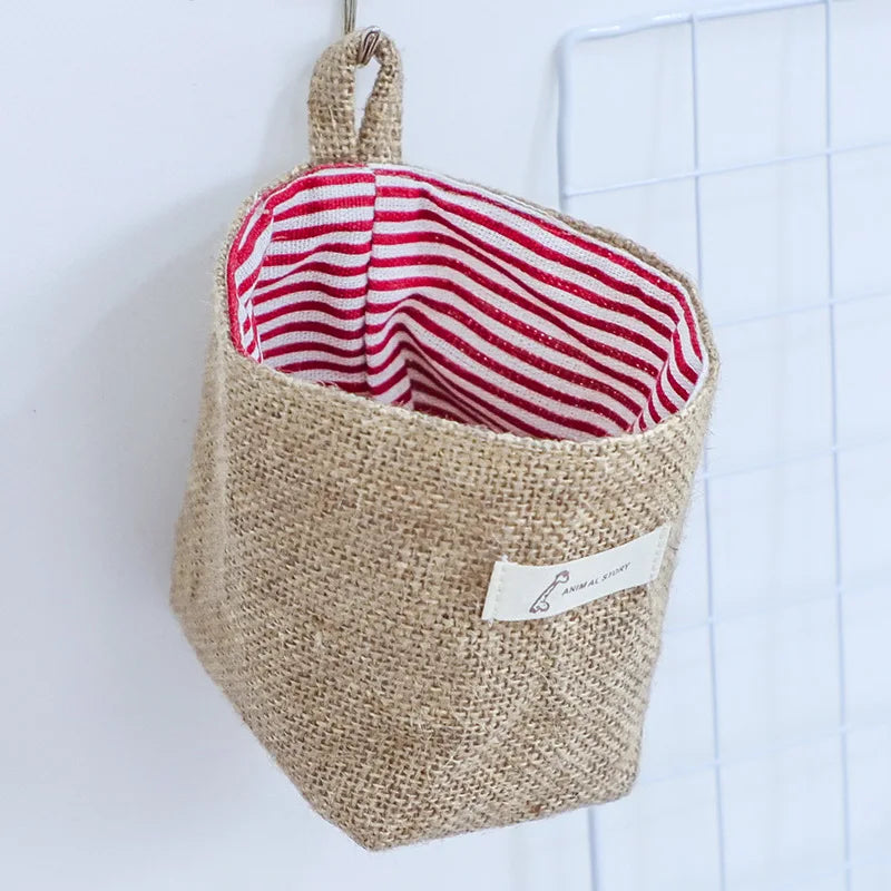 Desktop Jute Storage Bag Cotton Linen Basket Sundries Box Handle
