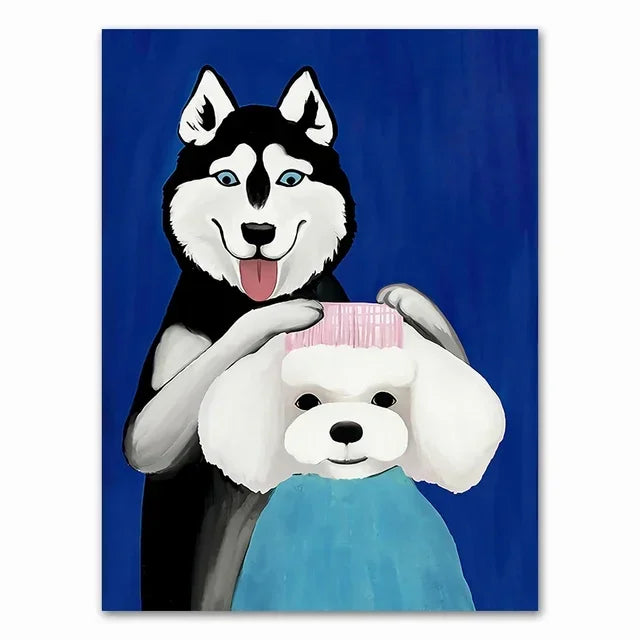 Wall Art Mural Modern Cartoon Cat And Dog Haircut Humor Poster Canvas Painting Hand-Painted Picture Printing Home Room Decor Peaceful Pleasures Health and Wellness