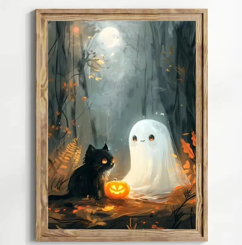 Retro Ghost & Black Cat Halloween Canvas Wall Art Poster Canvas Wall Art Print Peaceful Pleasures Health and Wellness ZLH5319 40x60cm No Frame