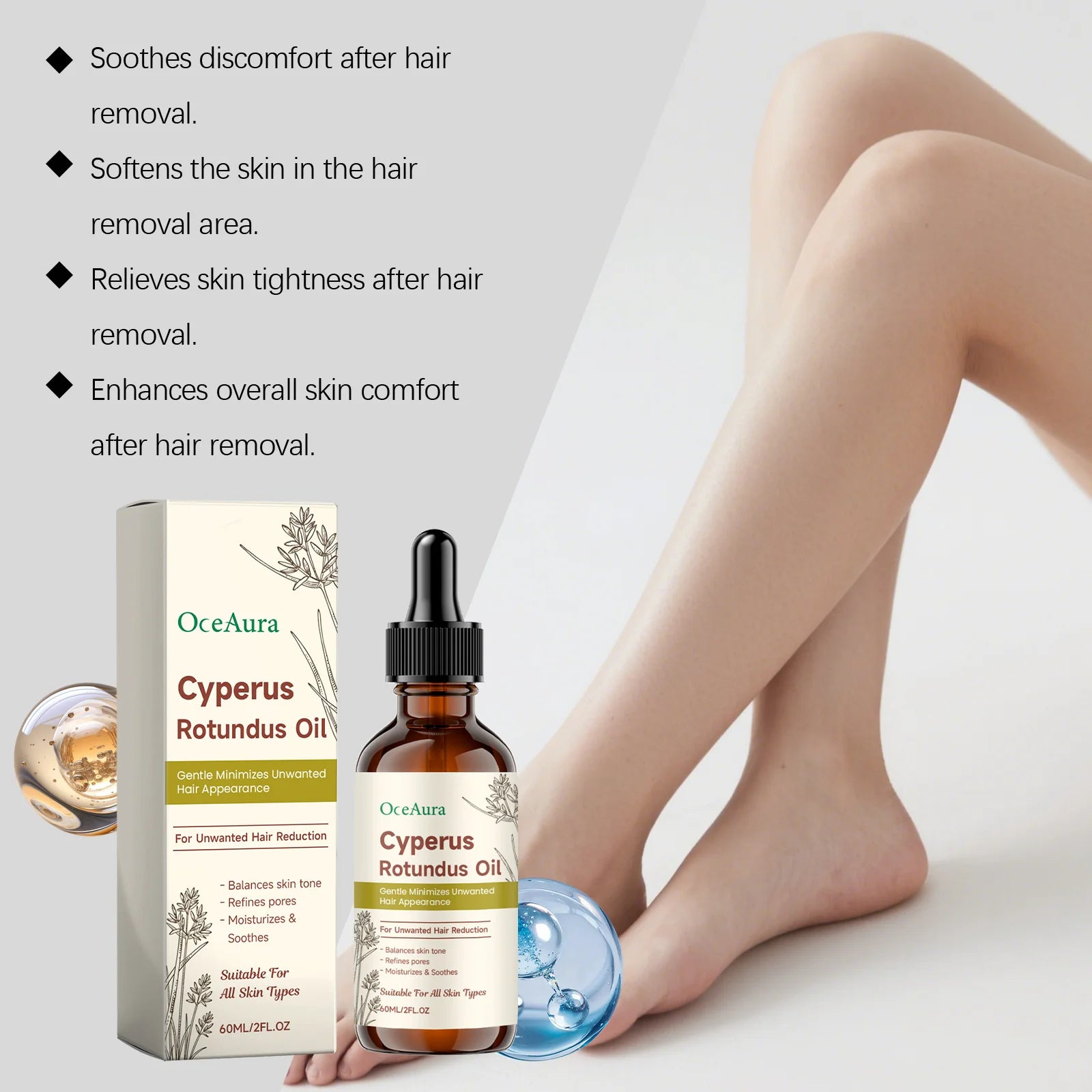 Oceaura Hair Removal Oil Moisturizing Gentle Hair Removal Soothing Redness Smoothing Hair Softening Repair Cyperus Rotundus Oil Peaceful Pleasures Health and Wellness