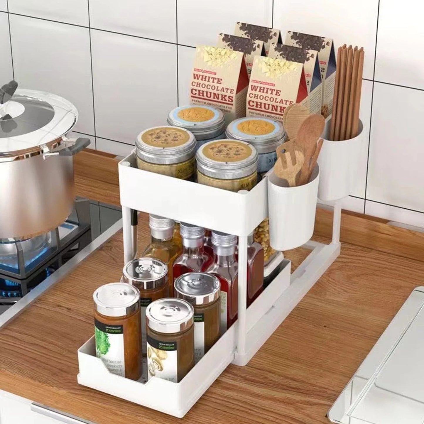 Double-Layer Pull-Out Under-Sink Organizer Rack with 5 Hooks