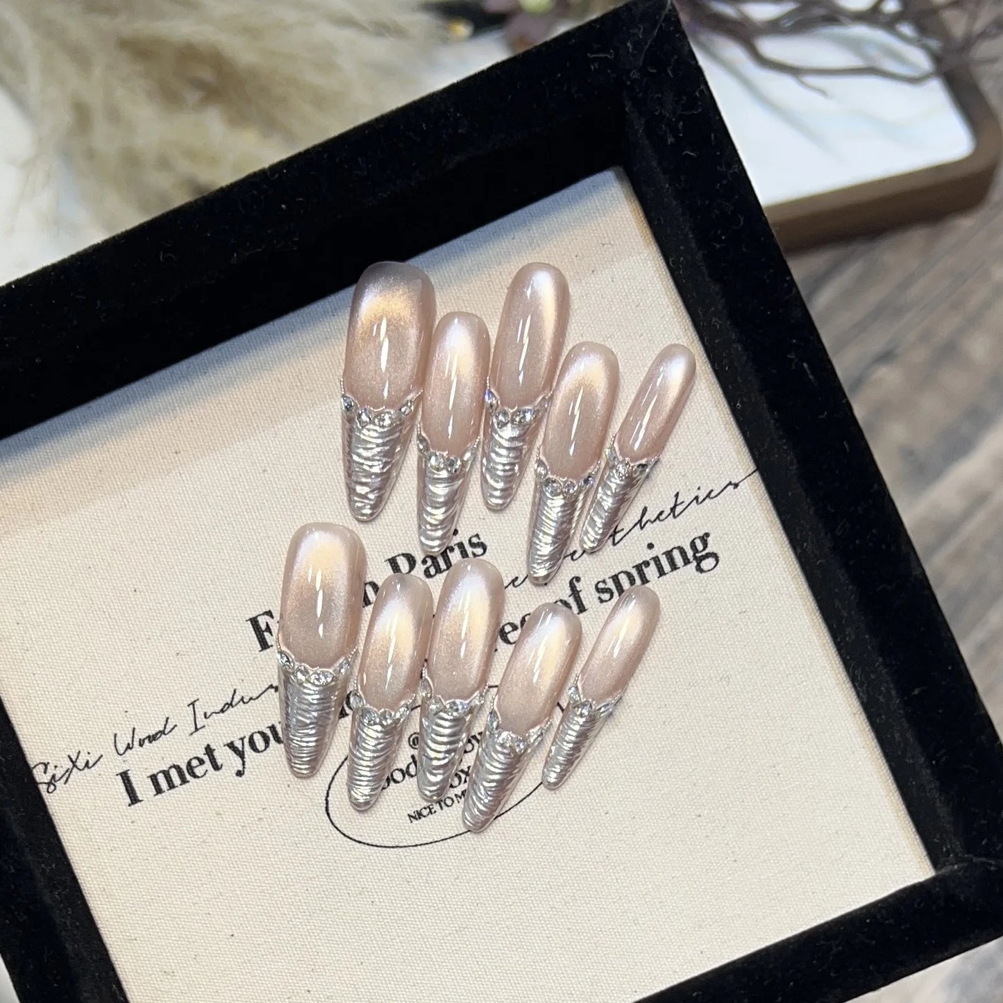 Punk Press On Nails Long Oval Cat Eye French Tips – 10pcs