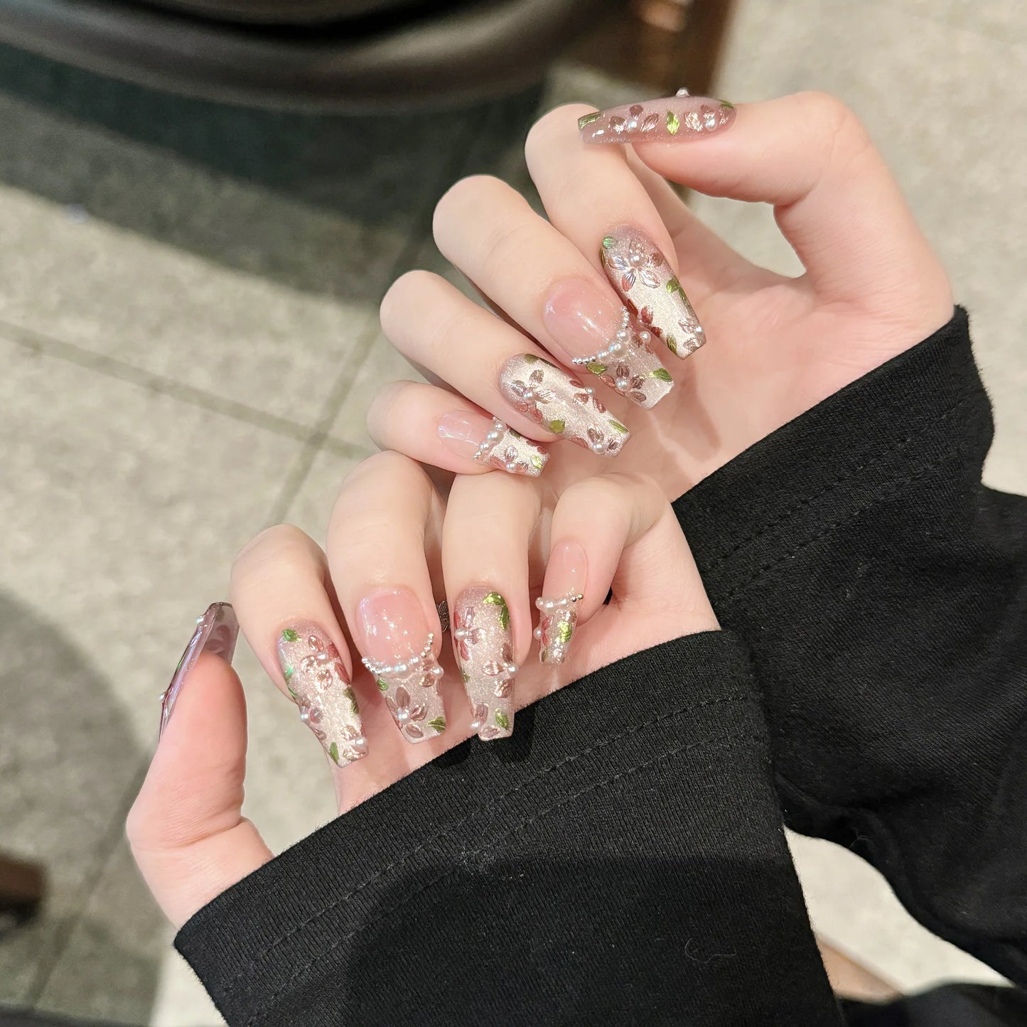 Handmade Cat Eye Press On Nails | Pearl Flower Korean Design