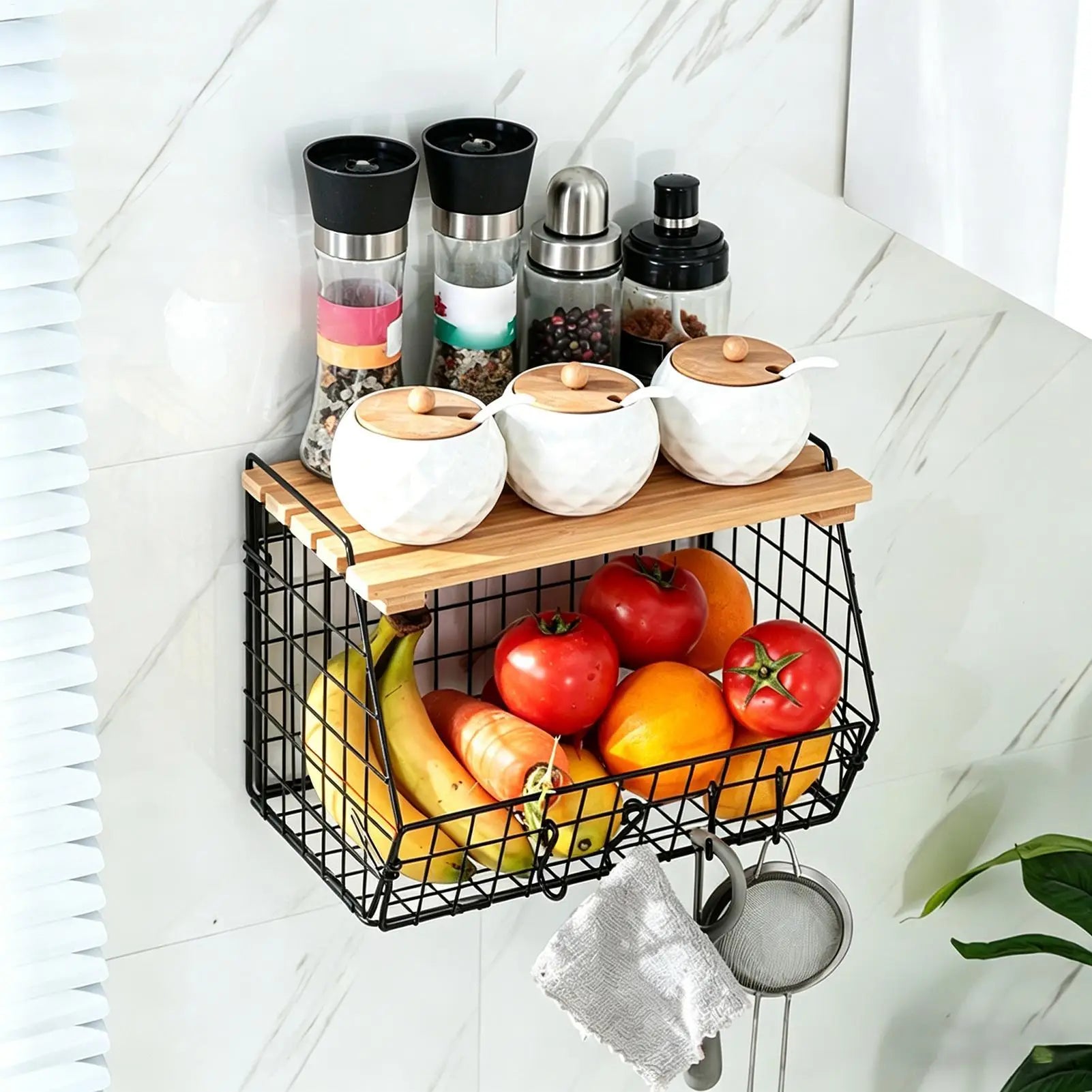 Stackable Wall-Mounted Wire Basket with Wood Lid | Kitchen Organizer Wire Storage Basket Peaceful Pleasures Health and Wellness
