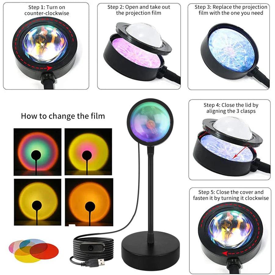 RGB Sunset Projector Night Light – USB LED Lamp with Remote