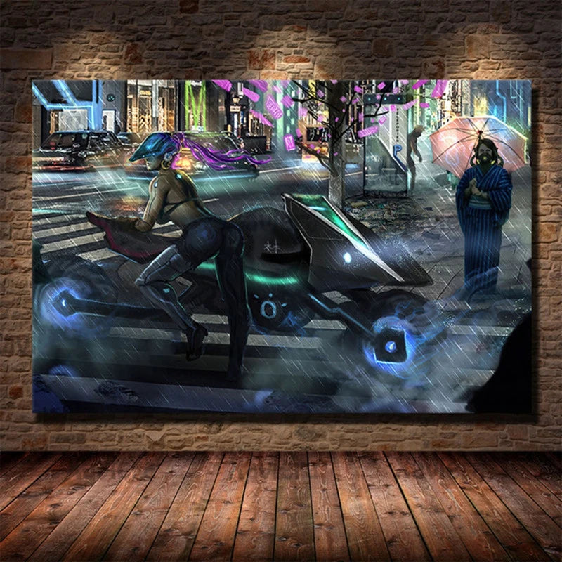 Canvas Art Painting Future Sci-Fi Punk Style Artwork Night City Street Scenery Poster Technology Wall Picture Home Decoration Peaceful Pleasures Health and Wellness