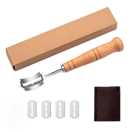 Wooden Handle Bakers Dough Bread Pastry Cutter with 5 Blades Toast Curved Baguette Bread Knife Baking Accessory Pastry Spatulas Peaceful Pleasures Health and Wellness