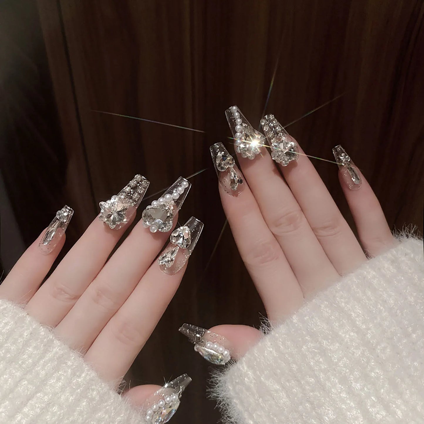 24pcs New Year Heavy Metal Press on Nails Chinese Bride Wedding Fake Nails Full Cover Wearable Shiny Large Crystal False Nails Peaceful Pleasures Health and Wellness style 8