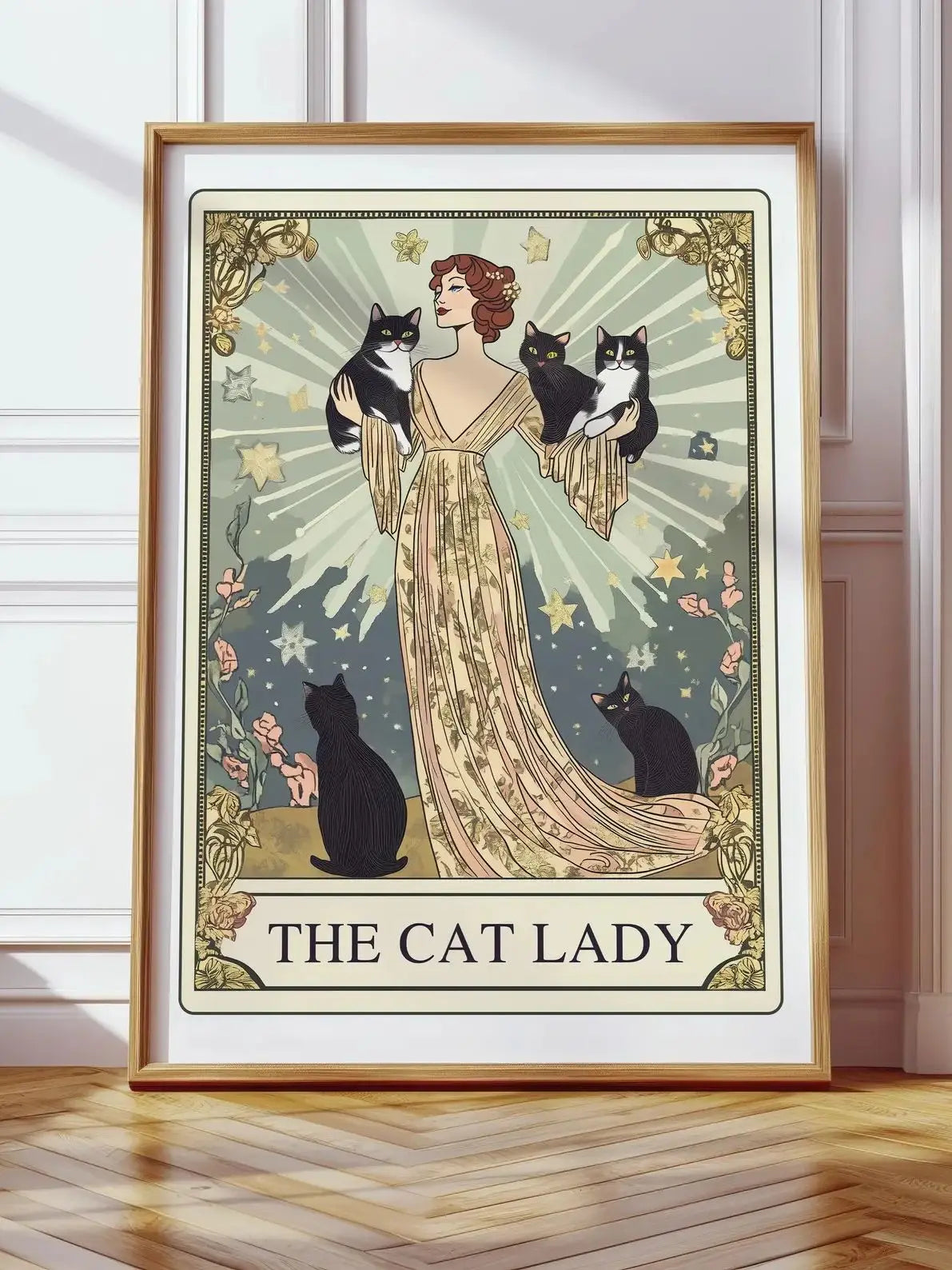 The Cat Lady Tarot Print, Art Nouveau Cat Lovers Wall Art, Vintage Cat Poster, Cat Mom Gift, Unique Cat Print, Apartment Decor Peaceful Pleasures Health and Wellness WS9223 50x70cm Unframed