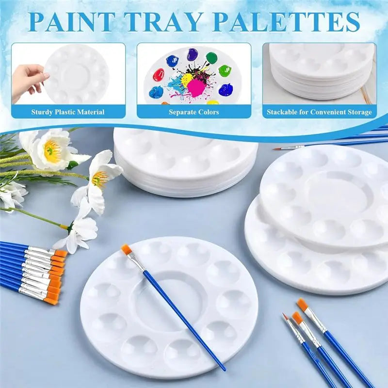 A36T-150Pcs Paint Brushes Palettes Set, Including 100Pcs Nylon Painting Brush And 50Pcs Round Plastic Paint Tray Palette Peaceful Pleasures Health and Wellness