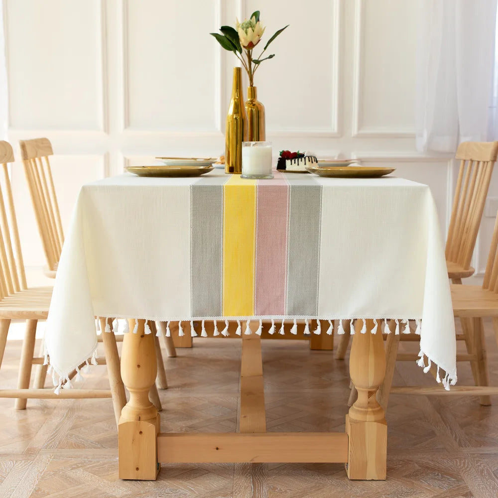Battilo Linen Cotton Tablecloth | Striped Tassel Table Cover