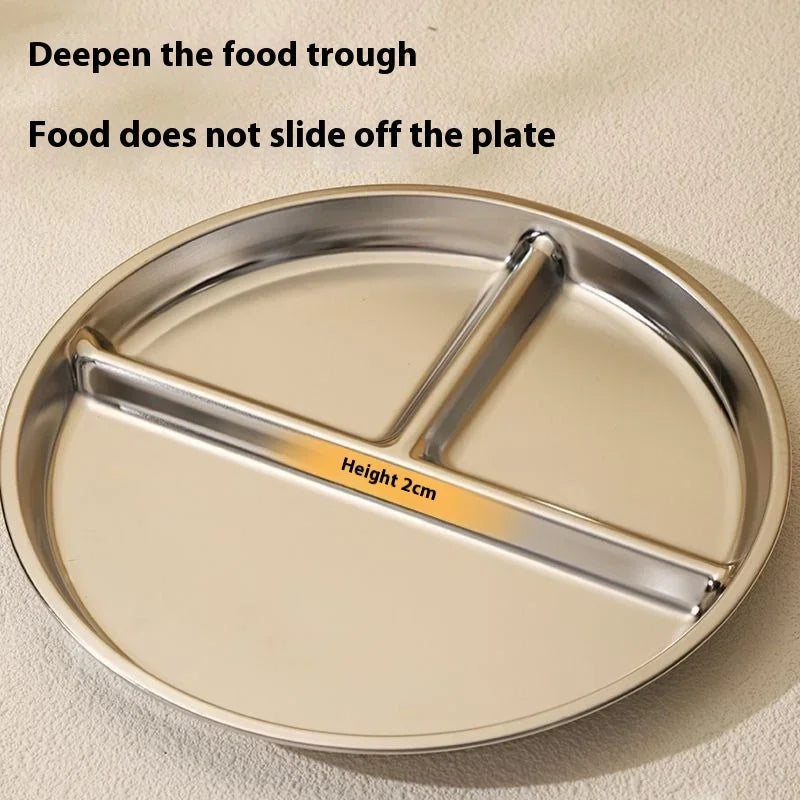 23CM Creative Round Stainless Steel 3 Grid Durable Dinner Plate Serving Tray For Kids Student Quantitative Proportion Meal Plate Peaceful Pleasures Health and Wellness