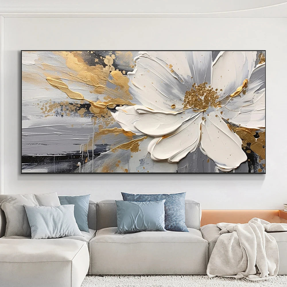 Large White & Gold Floral Canvas Wall Art Print – Unframed Canvas Wall Art Print Peaceful Pleasures Health and Wellness
