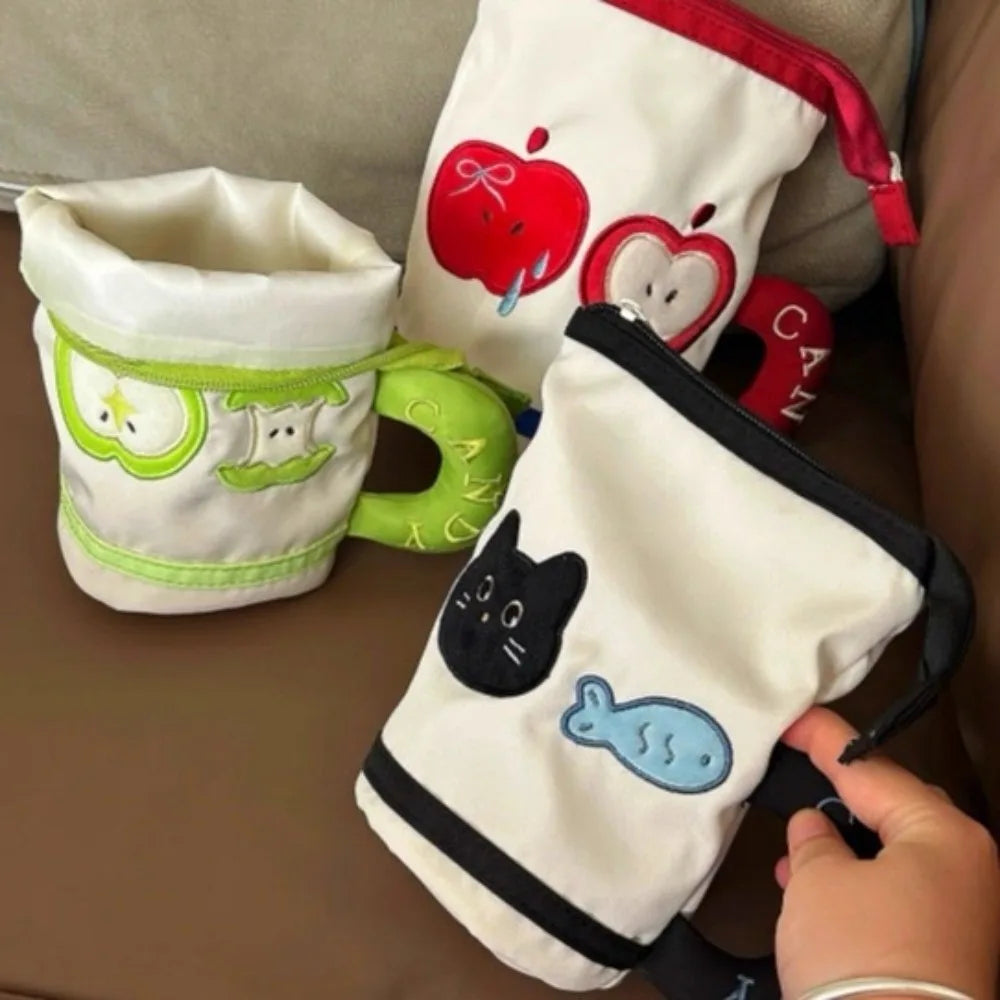 Desktop Storage Cartoon Cat Stationery Bag Korean Style Large Capacity Handheld Pen Container Fruit Water Cup Shape Peaceful Pleasures Health and Wellness