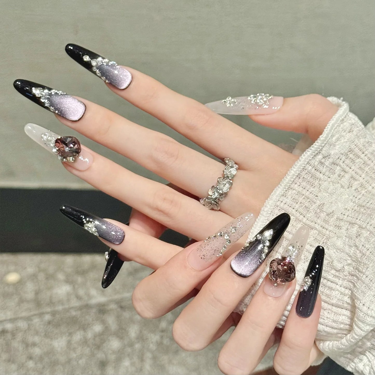 10pcs Handmade Press on Nails Light Luxury Flash Purple Cat's Eye Fake Nails Wearable Shiny Diamond Decor False Nails Almond Tip Peaceful Pleasures Health and Wellness