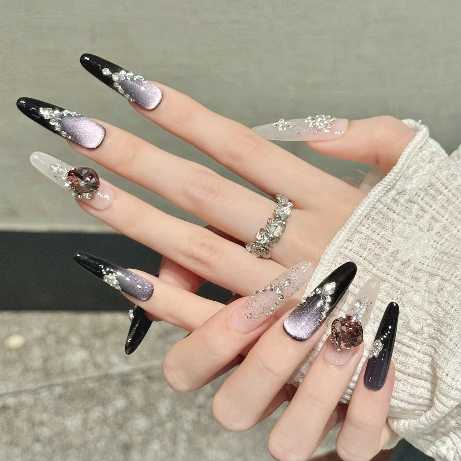 10pcs Handmade Press on Nails Light Luxury Flash Purple Cat's Eye Fake Nails Wearable Shiny Diamond Decor False Nails Almond Tip Peaceful Pleasures Health and Wellness