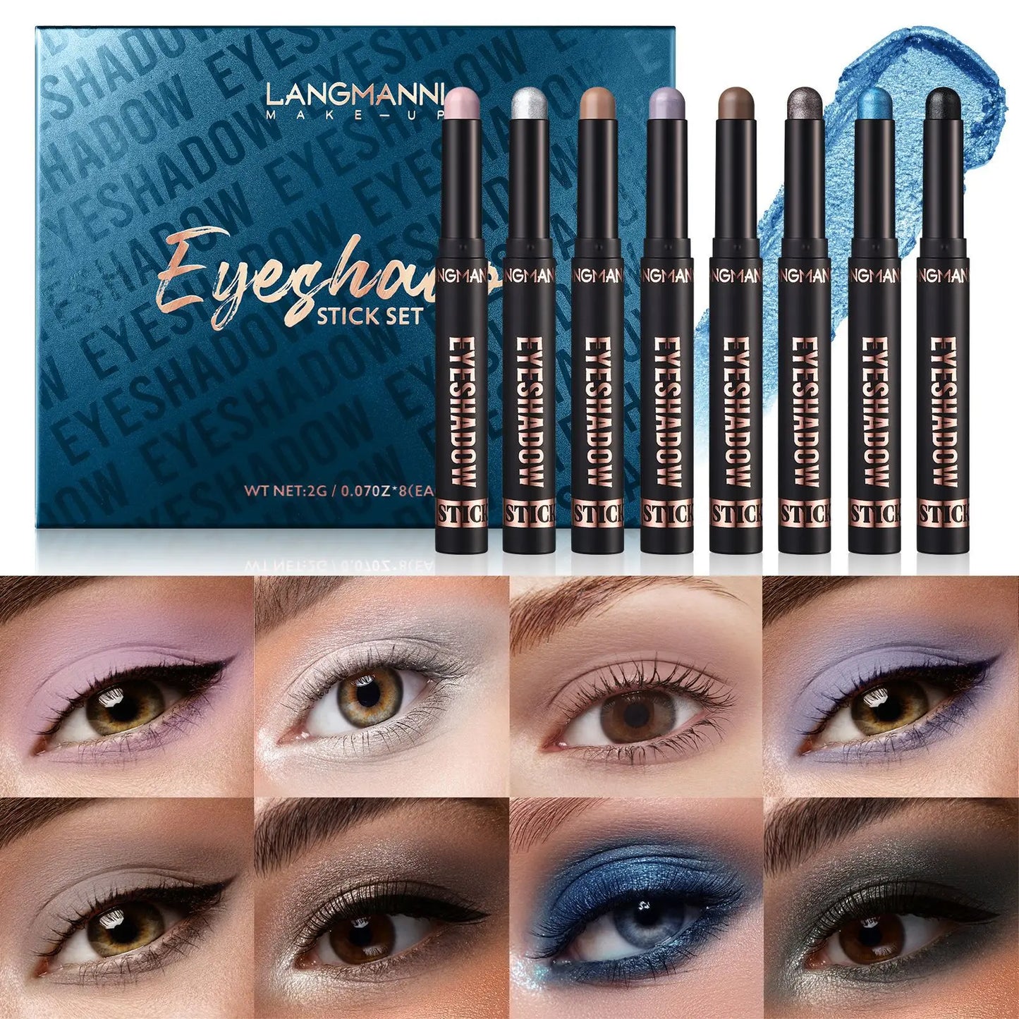 Langmanni 16 Metallic Eyeshadow Sticks – 8 Colors, Waterproof