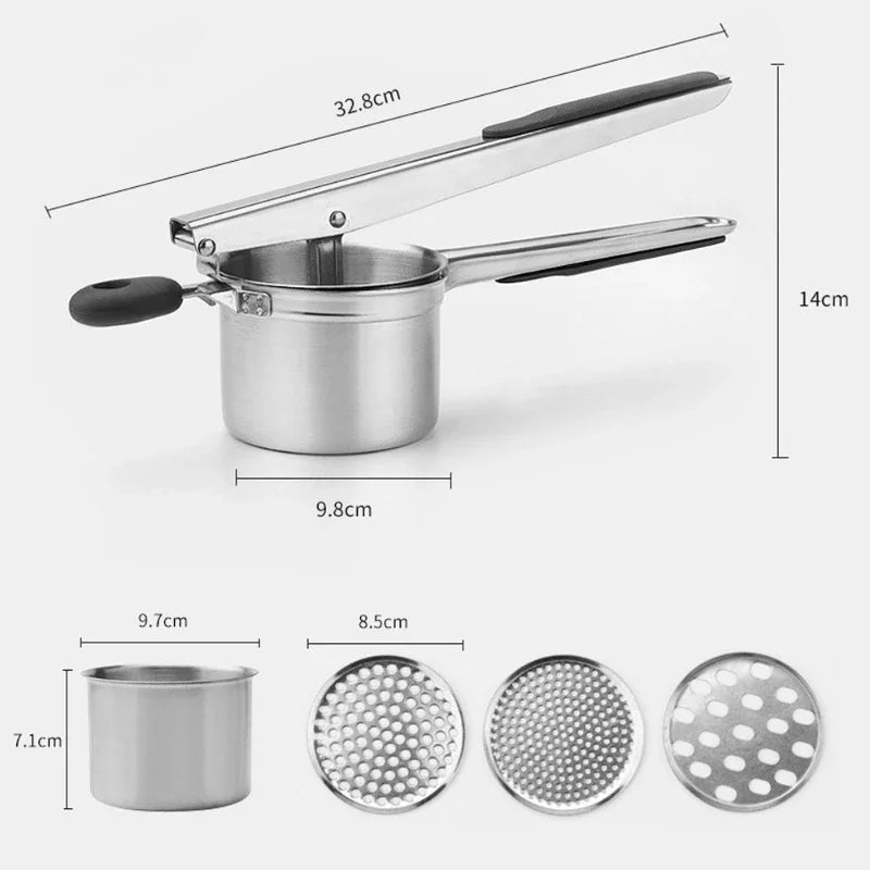 Stainless Steel Potato Masher Manual Press French Fries Cutter Dispenser Crusher Making Squeezer With 3/4 Interchangeable Discs Peaceful Pleasures Health and Wellness
