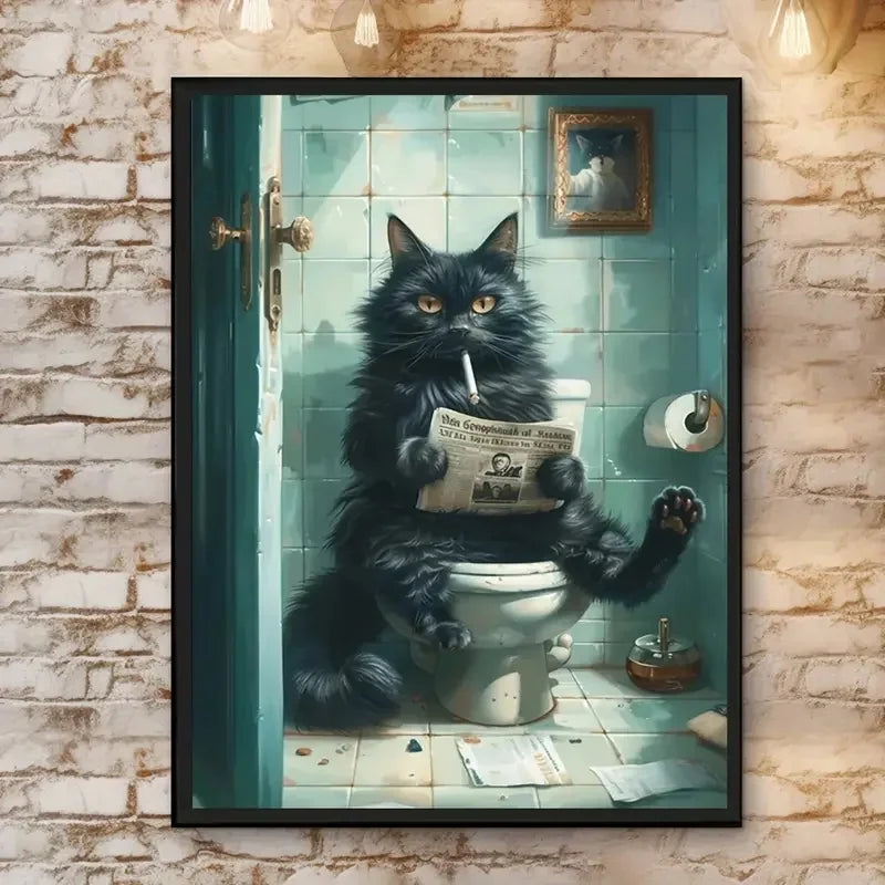 Funny Black Cat Toilet Retro Canvas Poster | Bathroom Wall Art Canvas Wall Poster Peaceful Pleasures Health and Wellness ZLH5604 30x40cm No Frame