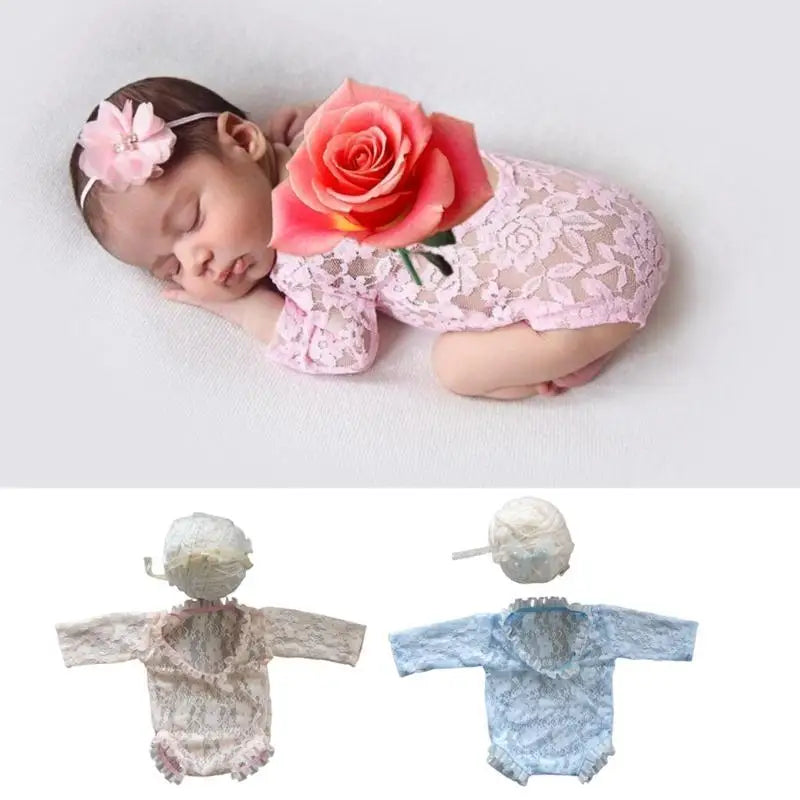 Newborn Lace Romper & Bow Headband – Baby Photo Prop Set