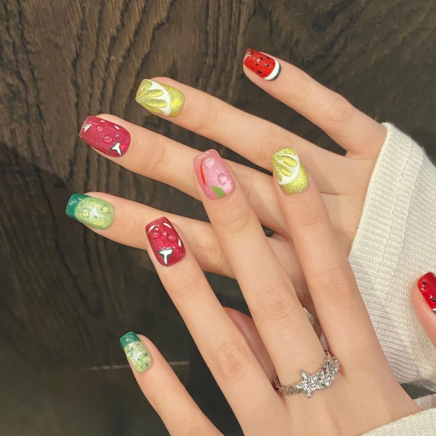 10pcs Handmade Fruit Press on Nails Summer Watermelon and Lemon Fake Nails Wearable Cat Eye Cute False Nail Tips for Girls Peaceful Pleasures Health and Wellness