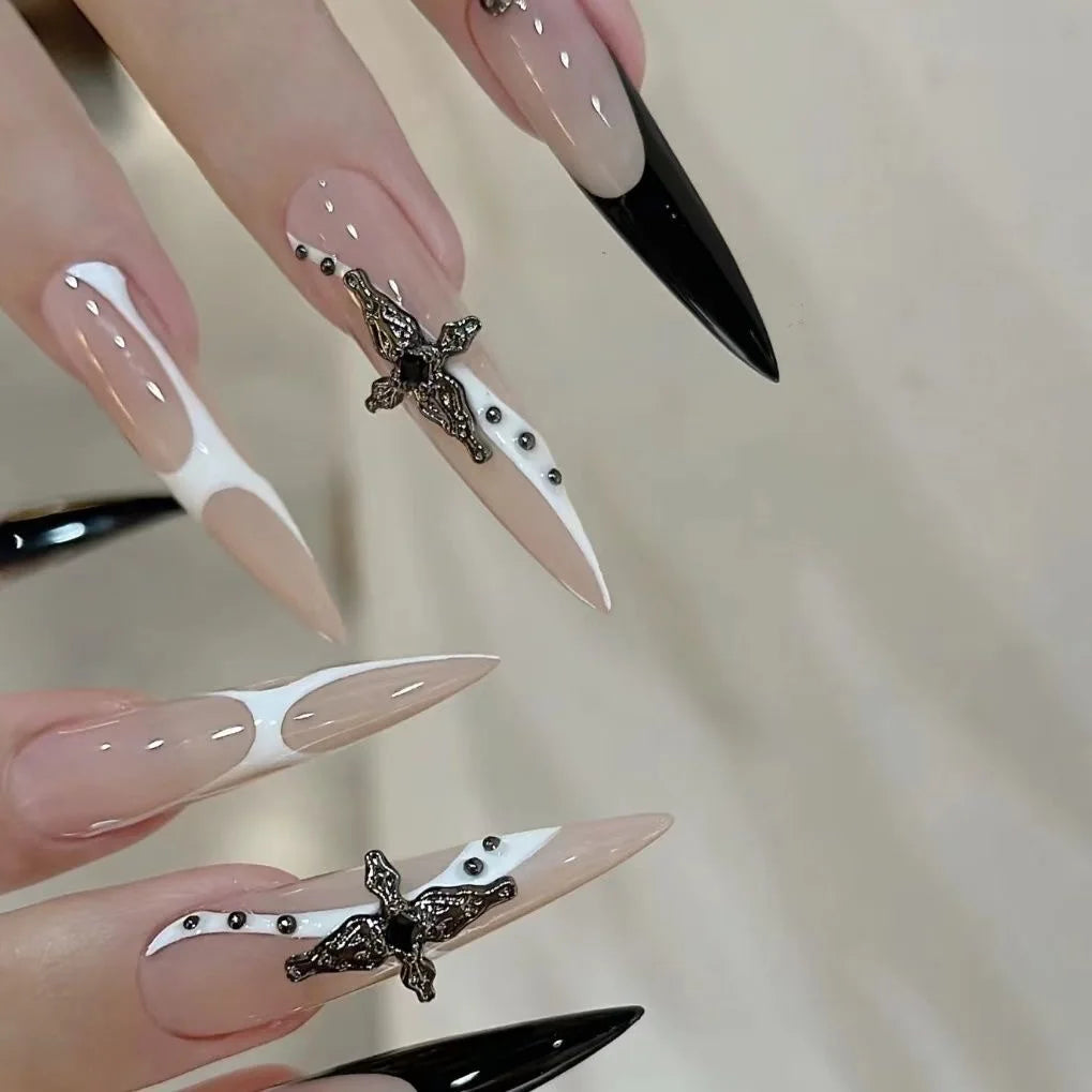 10pcs Handmade Press on Nails Gothic Punk Metal Silver Irregular Lines Fake Nail Tips Wearable Dark Blue Spice Girl False Nails Peaceful Pleasures Health and Wellness