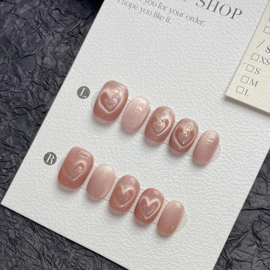 Handmade Press on Nails Sweet Pink Heart Cat Eye False Nails Full Cover Wearable Ins Simple Korean Cute Short Fake Nail Tips Peaceful Pleasures Health and Wellness