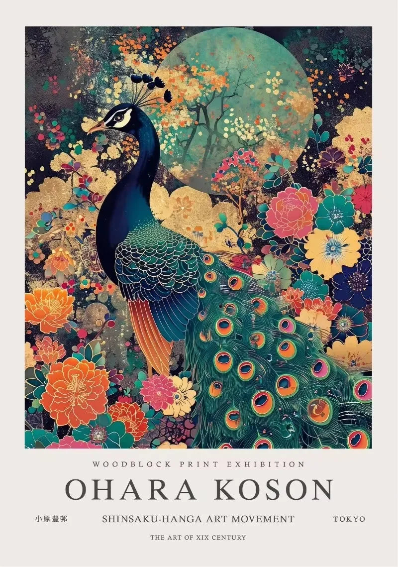 William Morris Whale & Peacock Retro Sunset Canvas Wall Art