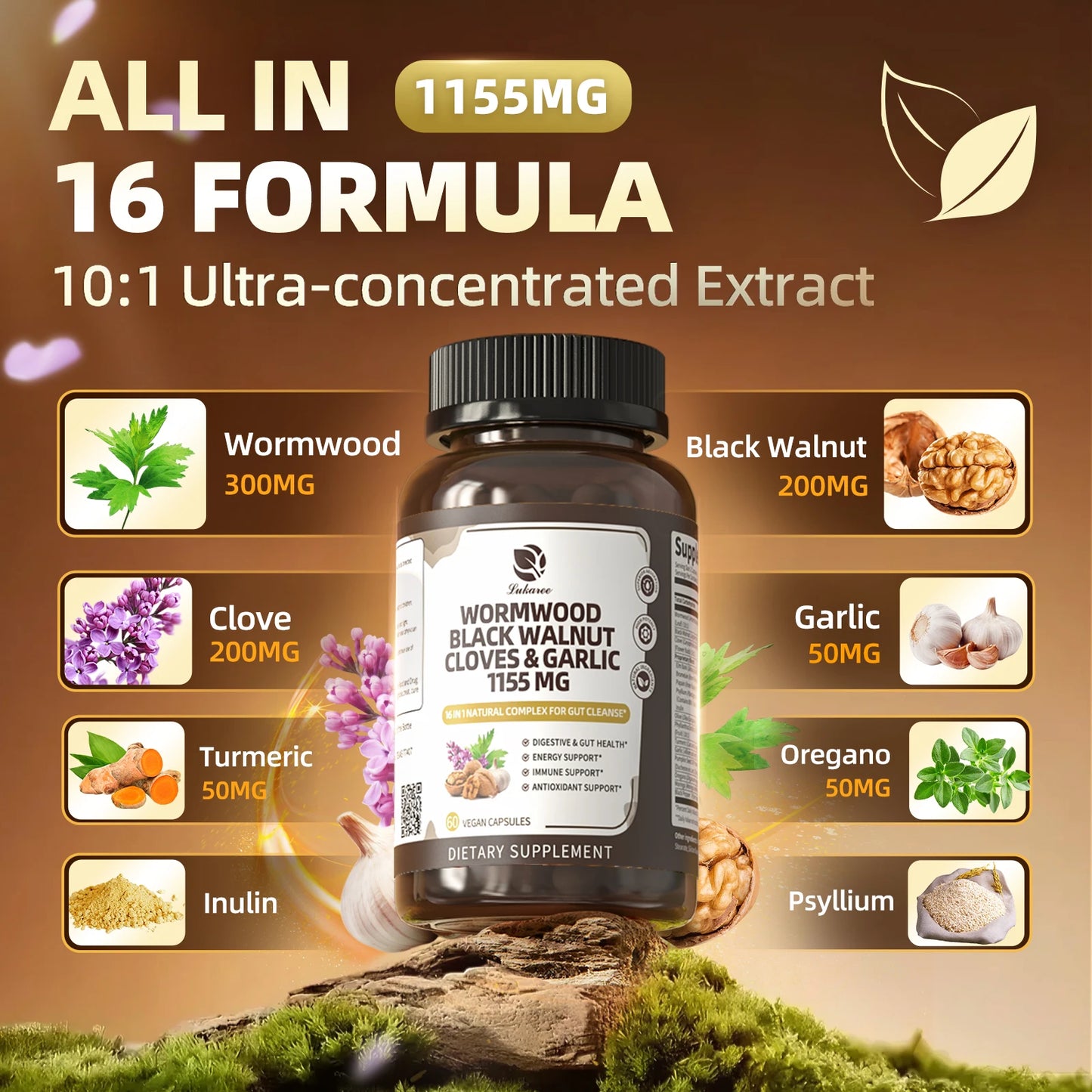 16-in-1 Black Walnut & Wormwood Gut Cleanse Capsules Herbal Supplement Peaceful Pleasures Health and Wellness