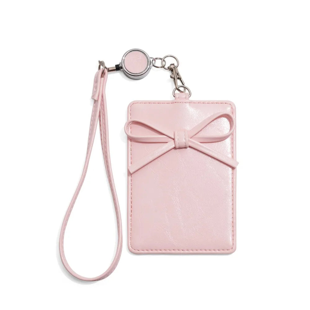PU Leather Bow Leather Card Holder Bowknot Name Tag Work Card Cover Scalable Retractable Bus ID Holders Men Women Peaceful Pleasures Health and Wellness Light Pink