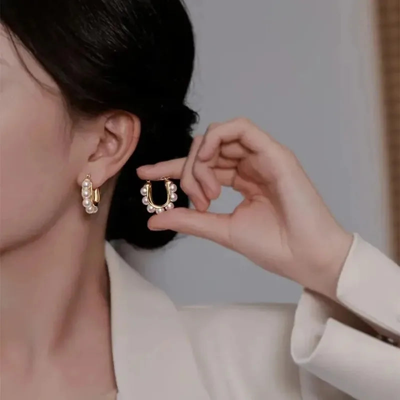 Gold Pearl U-Shaped Hoop Earrings for Women | Wedding Party